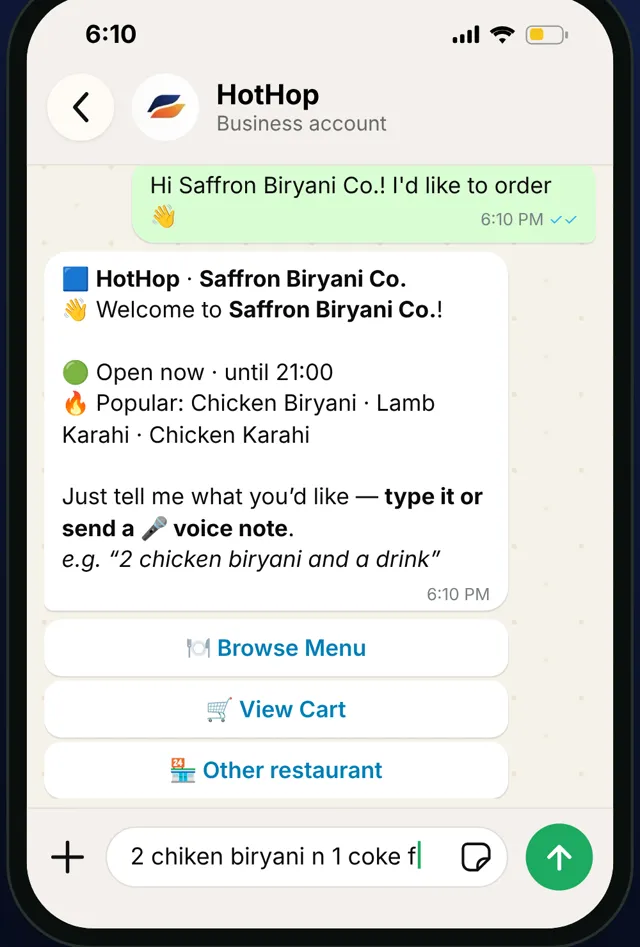 WhatsApp: HotHop welcomes the customer to Saffron Biryani Co. while they type an order