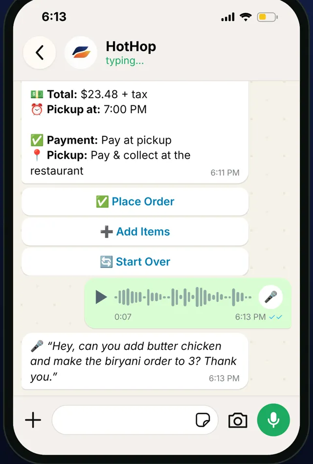 WhatsApp: the cart with total plus tax, a voice note and what HotHop heard