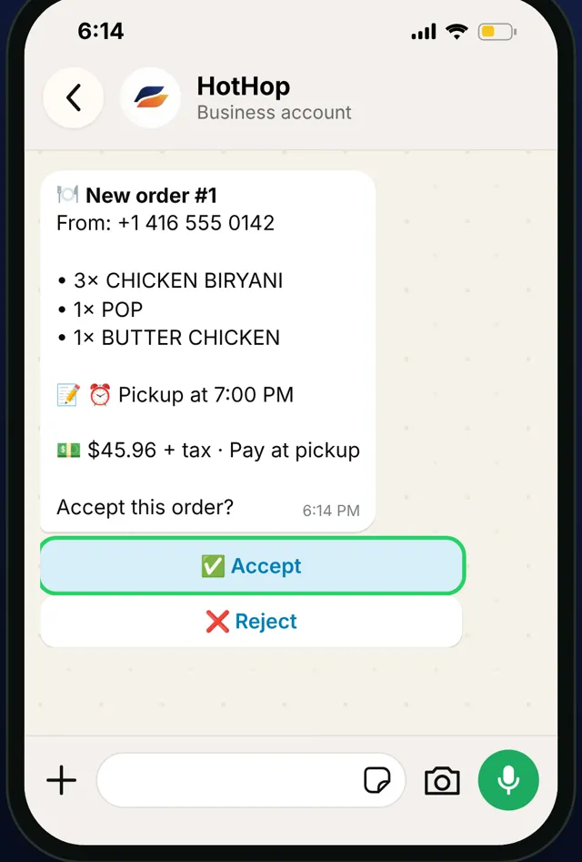 WhatsApp on the kitchen phone: New order #1 with items, pickup time, total, Accept and Reject