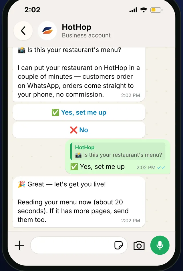 WhatsApp: HotHop confirms the owner's menu photo and starts reading the dishes